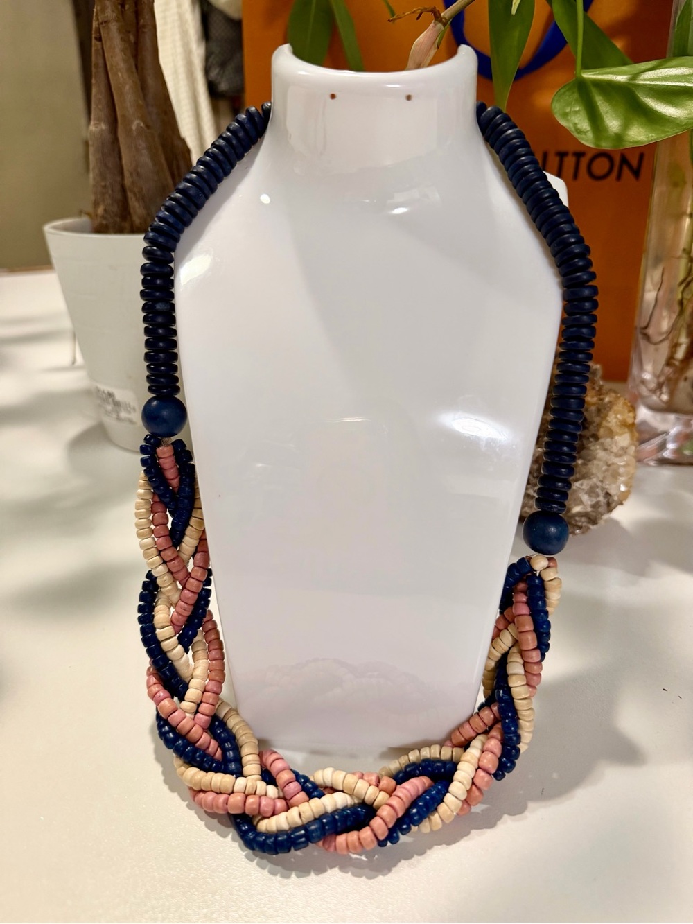 Beaded Braided Necklace - Navy, Pink & Cream